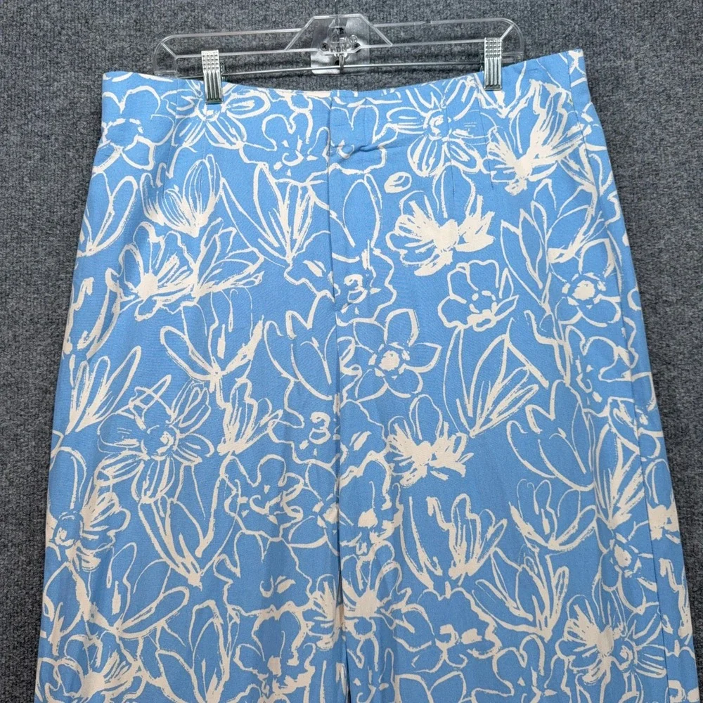 Zara Pants Women XXL Blue Floral Linen Blend Wide Leg High Waist Bohemian Casual